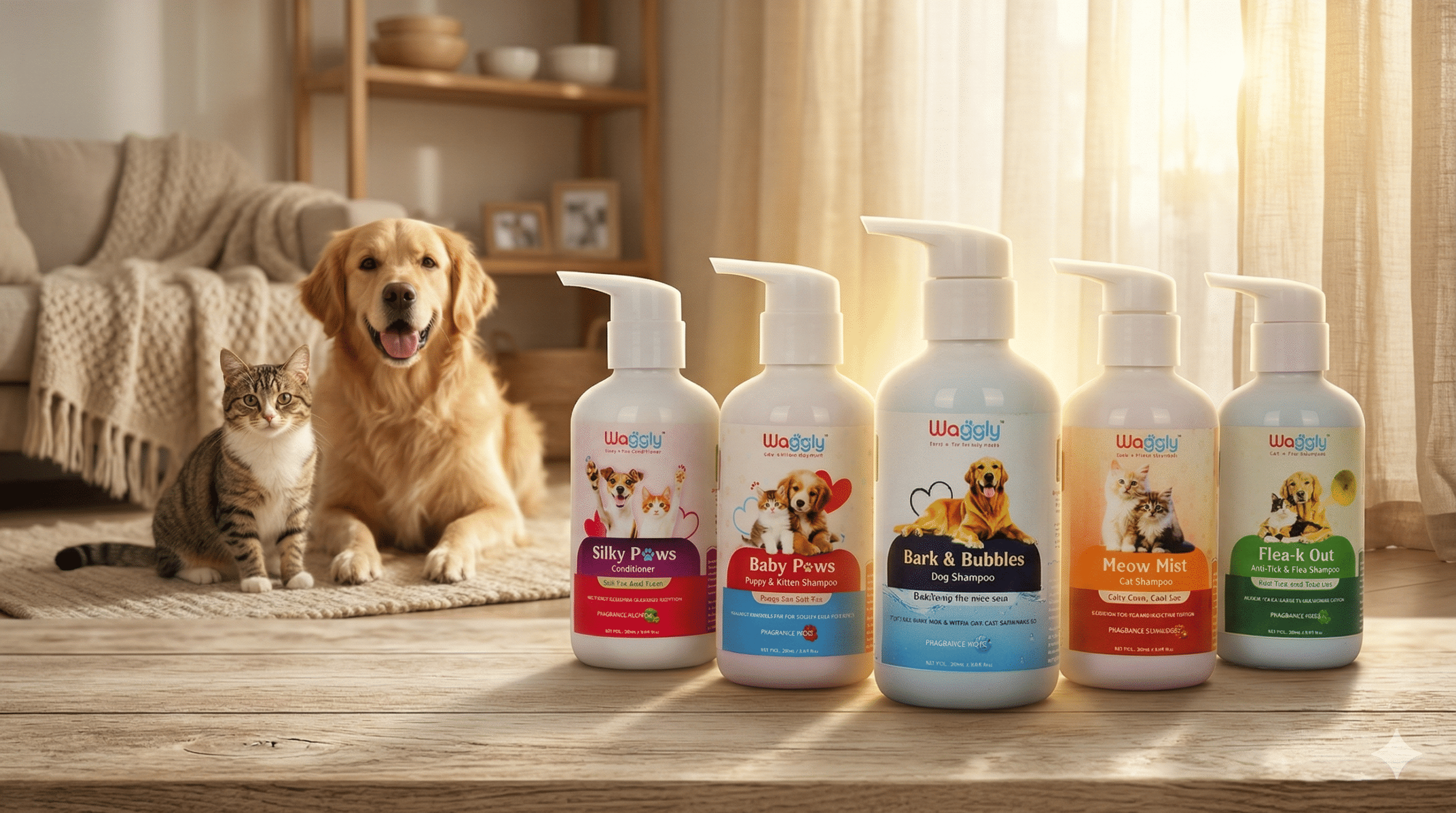 Waggly grooming products with pets in cozy room
